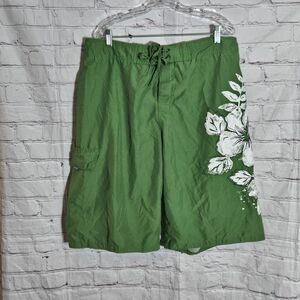 Pacific & Co Swim Trunks Mens XXL 2XL Hibiscus Green Floral Board Shorts Net